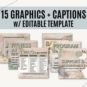 Peut inclure: Un collage de quatre images avec un fond en bois et des accents floraux. Les images font la promotion d'un programme de remise en forme avec le texte "Fitness at 3 Ways to get started" et "Support & Accountability: the secret sauce to results that last".