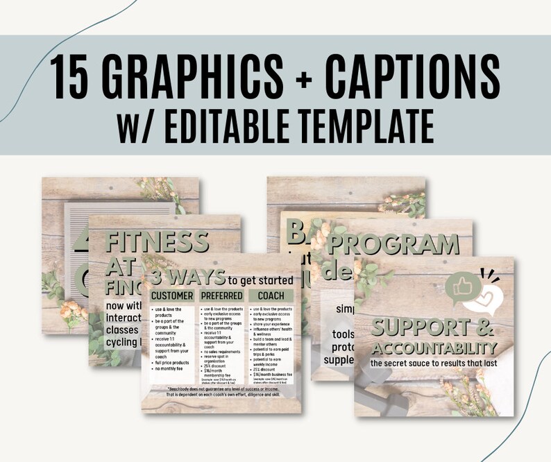 Peut inclure: Un collage de quatre images avec un fond en bois et des accents floraux. Les images font la promotion d'un programme de remise en forme avec le texte "Fitness at 3 Ways to get started" et "Support & Accountability: the secret sauce to results that last".