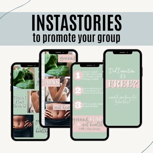 May include: Promotional graphic for a group, showing four smartphones with Instagram stories. The stories feature text such as "Train for Gains," "Greens," and "Free?" with images of spinach, exercise, and healthy eating.