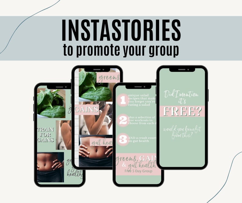 May include: Promotional graphic for a group, showing four smartphones with Instagram stories. The stories feature text such as "Train for Gains," "Greens," and "Free?" with images of spinach, exercise, and healthy eating.
