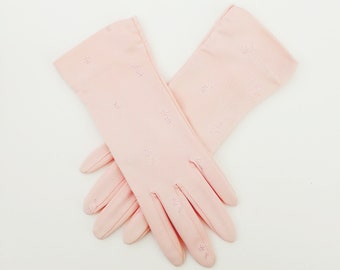 Soft Pink Vintage Gloves With Embroidered Floral Design Kayser Nylosuede