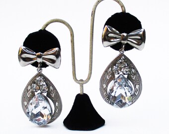 Oversized 80's Bow & Teardrop Rhinestone Statememt Earrings