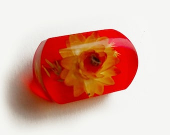 Lucite Dried Flower Brooch With Red Background