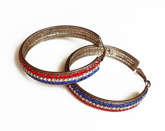 Vintage Americana Rhinestone Red White and Blue Large Hoop Earrings