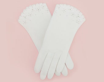 Beautiful Unworn White Vintage Day Gloves With Beaded Details Handsewn in Japan