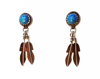 Sterling Dangling Feather Earrings With Navajo Style Sawtooth Bezel and Faux Turquoise Stones