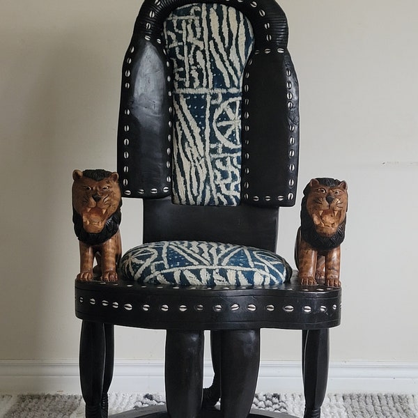 Hand-carved African Bamileke Throne Chair decorated with the NDOP ethnic textile and cowries