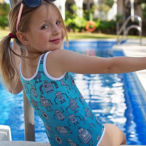 Robot Patterned Girls Swimsuit in Blue Ombre - Etsy