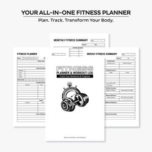 Op de afbeelding: Een witte fitnessplanner en workoutlogboek met de tekst "FITNESS PLANNER & WORKOUT LOG" en "Track Your Workouts & Progress". De omslag toont een stopwatch en een halterafbeelding. De planner bevat secties voor het volgen van workouts.