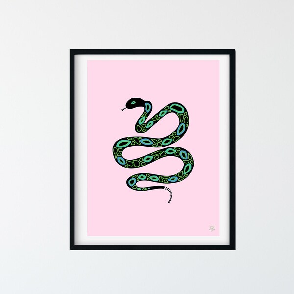 Snake Art- Pink & Green Art - Snake Illustration - Tattoo Art - Boho Modern Aesthetic