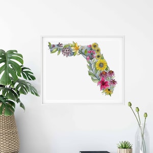 Florida Kaart - Florida State Map - Kunst aan de muur - Botanische kunst - Geïllustreerde kaart - Florida Bloemen - Bloemen Kunst