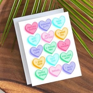 Tarjeta de San Valentín con perros: tarjeta de San Valentín para amantes de los perros: tarjetas con corazones de caramelo: lindas tarjetas con notas para perros: tarjeta con corazones de conversación: divertida tarjeta de San Valentín con perros y bebés peludos