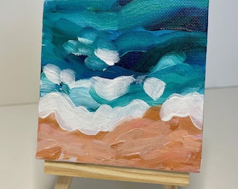 Mini Art - Small Canvas With Easel - Original Coastal Art - Abstract Seascape - Tiny Art - Mini Canvas
