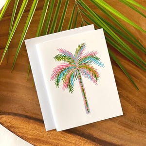 Tarjetas de felicitación con palmeras, tarjetas en caja, tarjetas con notas de playa, palmeras pintadas a mano, papelería con palmeras, tarjetas con palmeras, tarjetas botánicas