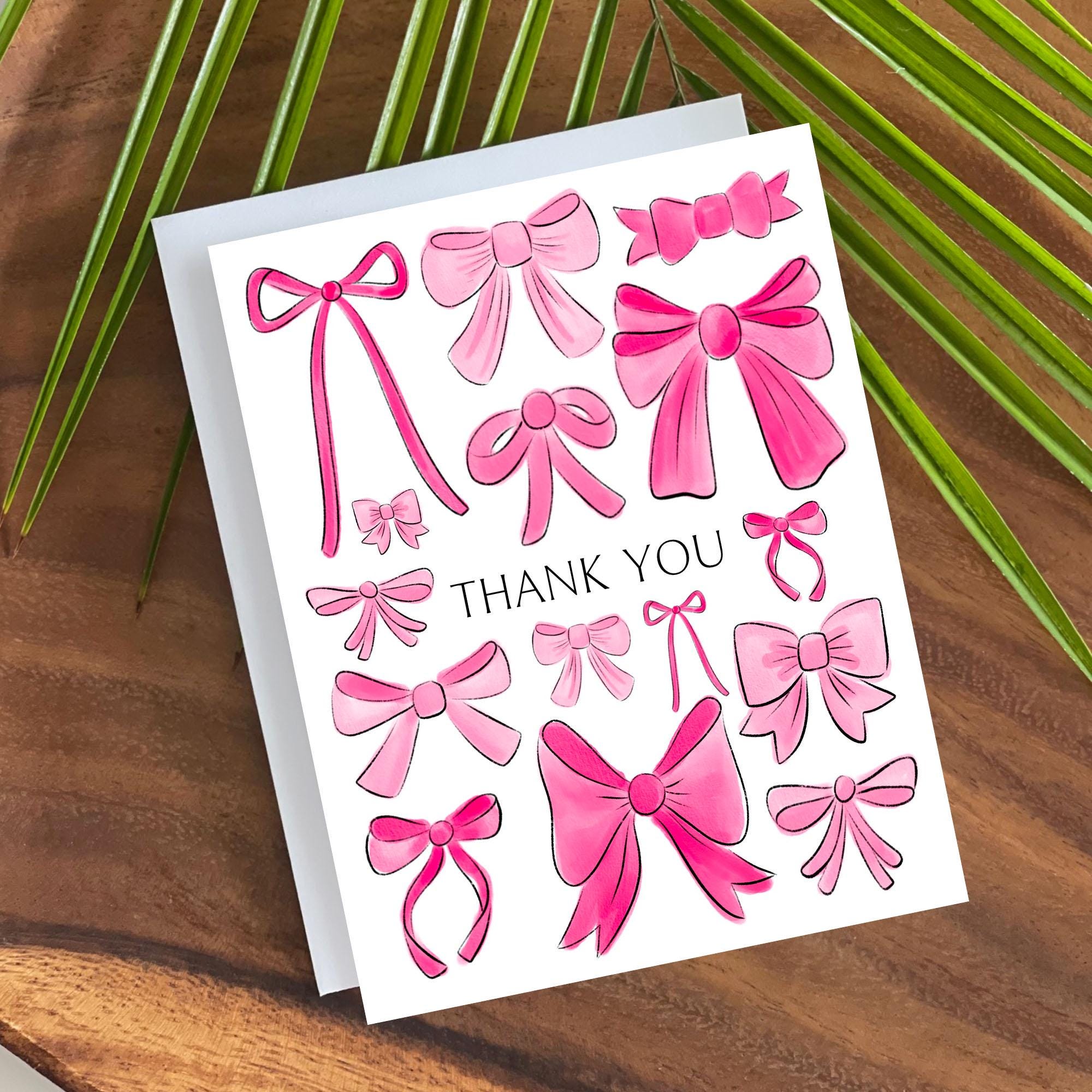 Watercolor Bow Thank You Card: Girly Coquette Pastel Note