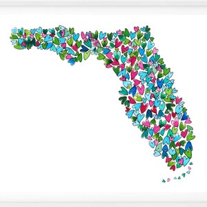 Florida Art - Illustrated Map of Florida - Florida Map - Custom Map - I Love Florida - Heart Art Print