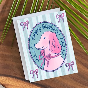 Kokette Geburtstags-Hund mit Schleifen-Kokette Hund-Hund Geburtstag-Goldendoodle Grußkarte-Geburtstagskarte-Hundemama Karte-Cameo Hund-Süße Hunde Karte