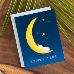 Bem-vindo, pequeno - Cartão de chá de bebê - Cartão de bebê neutro em termos de gênero - Novo bebê - Fofinho - Novos pais - Baby Sprinkle - Cartão de chá de bebê fofo - Lua e estrelas