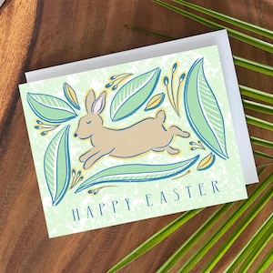 Frohe Ostern Karte mit Kaninchen-Osterhasen Karte-Pastel Ostern-Handgemachte Osterkarte-Frühlings Karte-Ostern Blumen-Gedeckte Osterhasen Farben