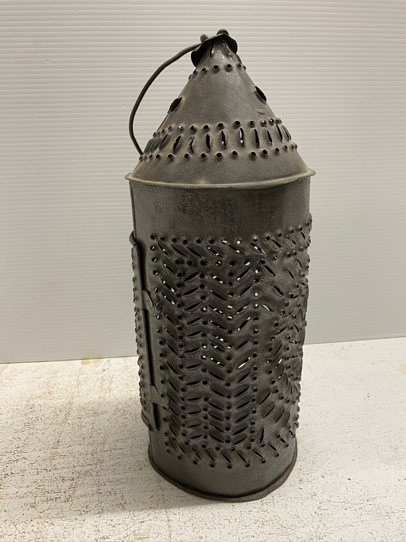 Antique pierced tin lantern w cleated candle cup Etsy