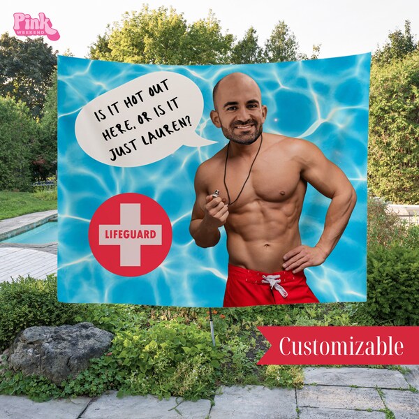 Custom Bachelorette Banner with Groom's Face - Baewatch Lifeguard, Funny Bachelorette Party Decor, Outdoor or Indoor Party Decor, Pool Party