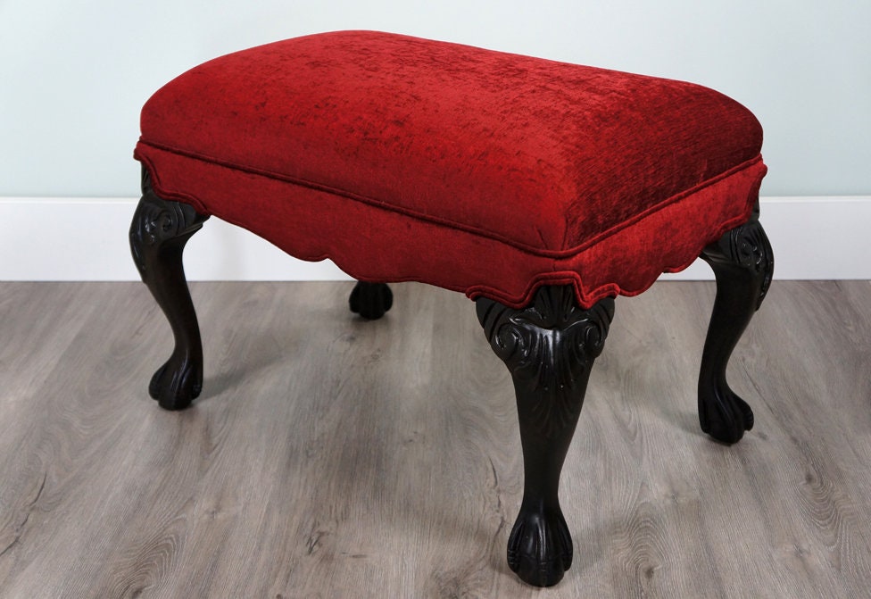 Antique Reupholstered Red Velvet Footstool Carved Wood Legs Etsy UK