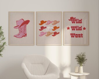 Pink Western Wall Art Set, Trendy Cowboy Print, Nashville Art, Cowboy Hat Print, Cowboy Boots Print, Wild Wild West, Digital Print, Set of 3