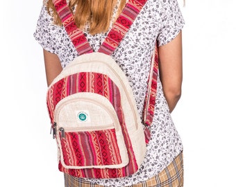 Hemp Cotton Backpack | Small/Mini Backpack - Red |  Eco Friendly Backpack | Striped Bag | Sac En Chanvre