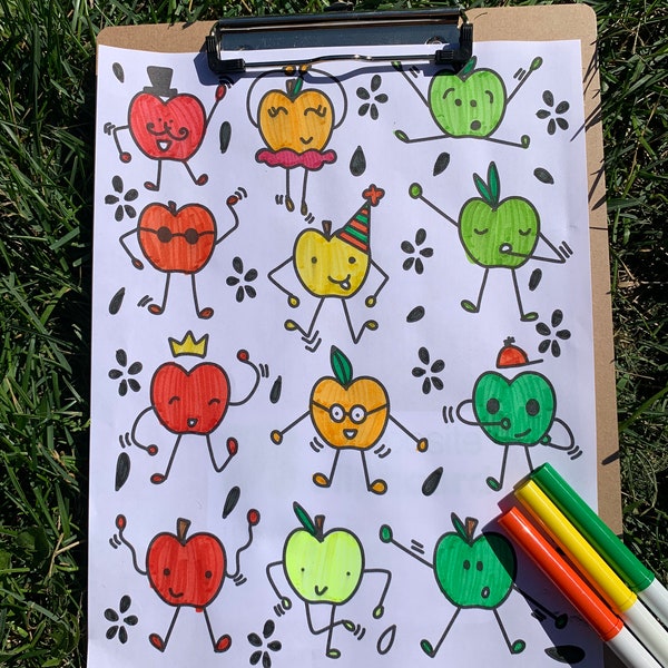 Dancing Apples- Hand Drawn Coloring Sheet