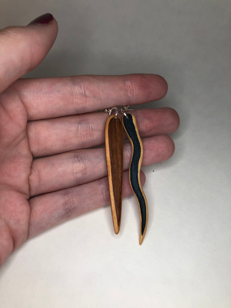 Asymmetric Hand Carved Wooden Earrings