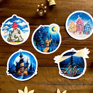 Sticker set of five round glitter stickers with fantastic houses as a small Christmas gift or as content for Advent calendars image 2