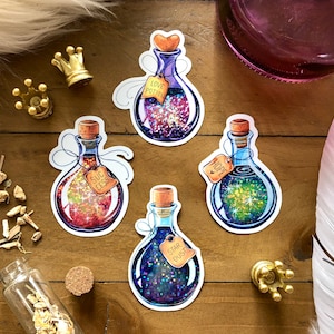 Vier glitzernde Zaubertrank-Aufkleber, Fantasy-Vinylsticker glitzernd, bunte Glitzersticker im Set, fantasievolle Glücksbringer für Mädchen