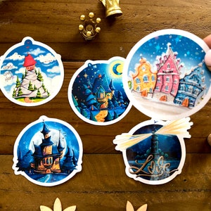 Sticker set of five round glitter stickers with fantastic houses as a small Christmas gift or as content for Advent calendars image 6