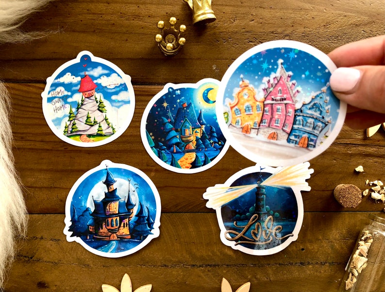 Sticker set of five round glitter stickers with fantastic houses as a small Christmas gift or as content for Advent calendars image 6