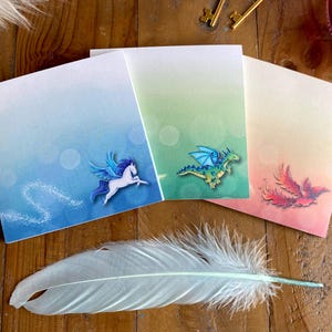 Drei Mini-Notizblöcke im Set mit Phönix, Pegasus und Drache, jeweils 50 Blatt, Schreibblock für Fantasyfans, Block mit Aquarell-Ilustration