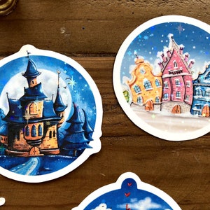 Sticker set of five round glitter stickers with fantastic houses as a small Christmas gift or as content for Advent calendars image 9