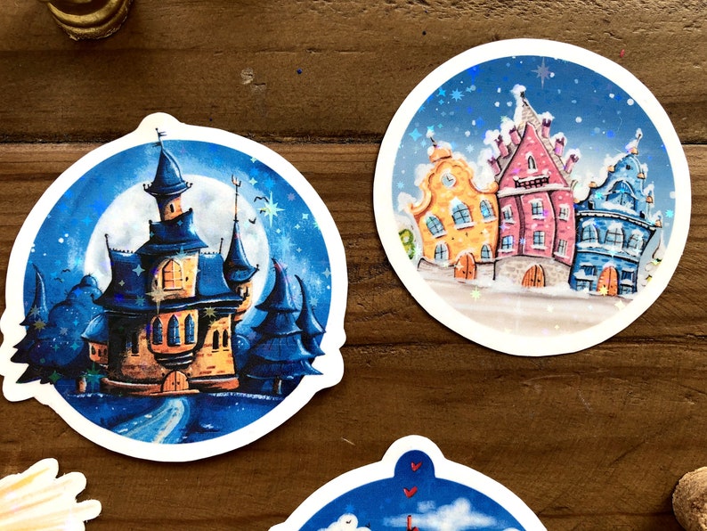 Sticker set of five round glitter stickers with fantastic houses as a small Christmas gift or as content for Advent calendars image 9