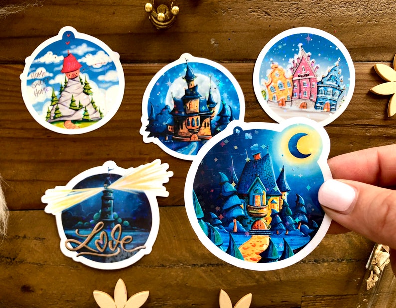 Sticker set of five round glitter stickers with fantastic houses as a small Christmas gift or as content for Advent calendars image 4