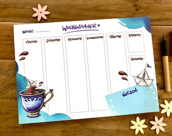 Playful weekly planner Din A4, weekly overview with watercolor illustrations, desk calendar blue, weekly to-do list with 50 sheets