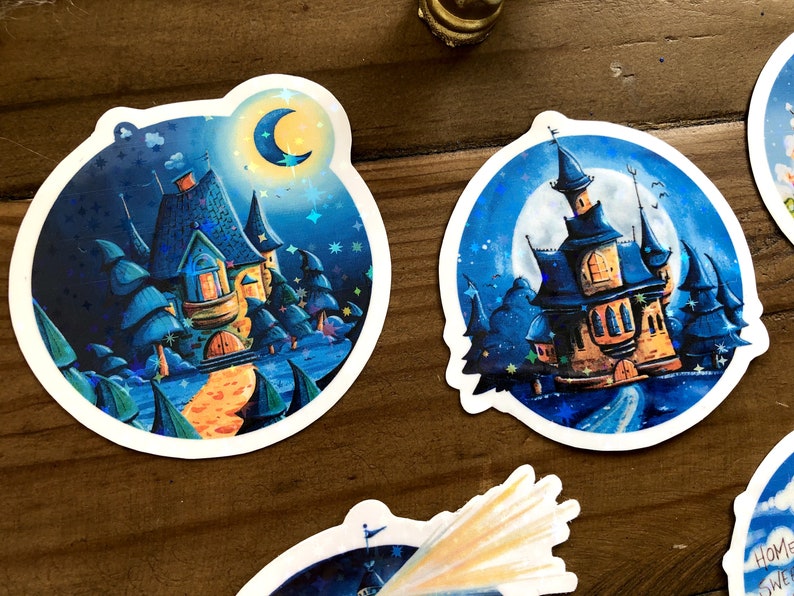 Sticker set of five round glitter stickers with fantastic houses as a small Christmas gift or as content for Advent calendars image 8