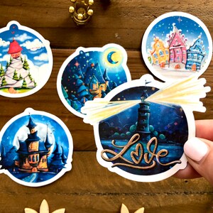 Sticker set of five round glitter stickers with fantastic houses as a small Christmas gift or as content for Advent calendars image 5