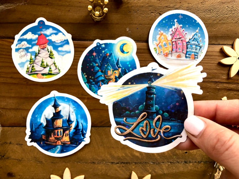 Sticker set of five round glitter stickers with fantastic houses as a small Christmas gift or as content for Advent calendars image 5