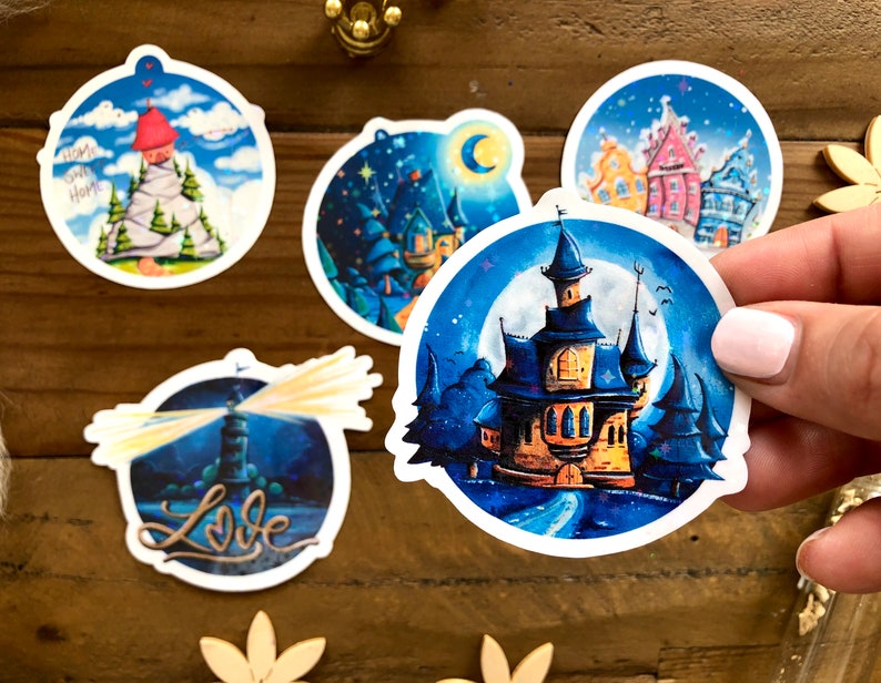 Sticker set of five round glitter stickers with fantastic houses as a small Christmas gift or as content for Advent calendars image 3