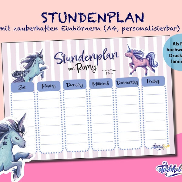 Unicorn timetable personalized for school children - gift for school enrollment - printable PDF, print or laminated and wiped off with name