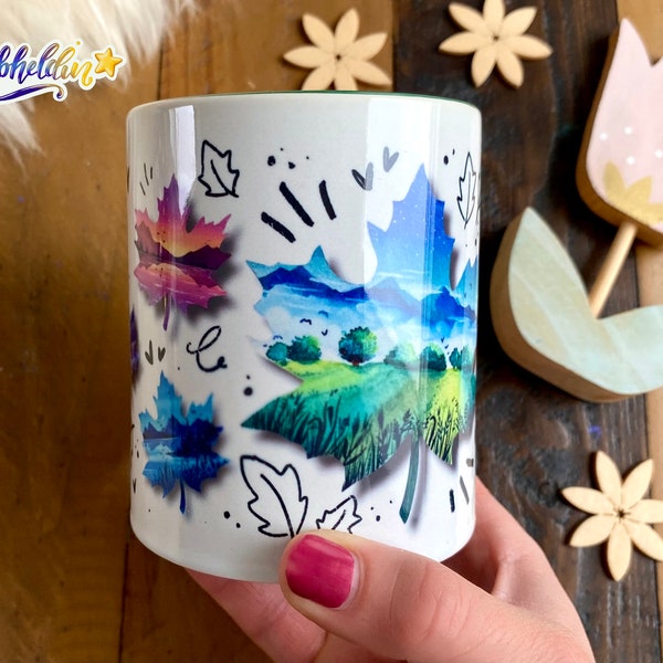 Zauberhafte Tasse mit Ahornblättern, kleines Geschenk Kaffeebecher für Naturfreunde, Kaffeetasse Teetasse Landschaftsmalerei Aquarell Tasse