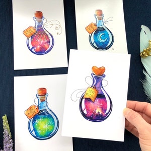 4 Fantasie Postkarten im Set mit Zaubertränken im Format Din A6 als Zaubertrank Aquarell-Grußkarten und Glücksbringer-Postkarten