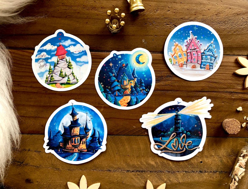 Sticker set of five round glitter stickers with fantastic houses as a small Christmas gift or as content for Advent calendars image 2