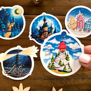 Sticker set of five round glitter stickers with fantastic houses as a small Christmas gift or as content for Advent calendars image 7