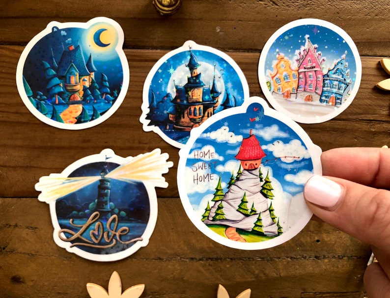 Sticker set of five round glitter stickers with fantastic houses as a small Christmas gift or as content for Advent calendars image 7