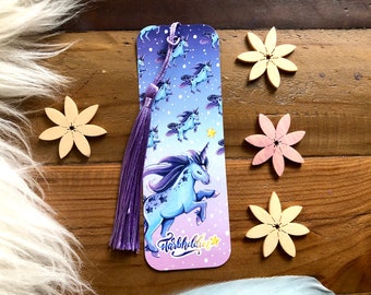 Imaginative unicorn bookmark with purple tassel for children as a gift and bookmark for horse girls and unicorn and fairy tale fans
